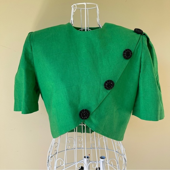 Custom made Tops - Vintage linen green crop top with padded shoulders and accent buttons size S